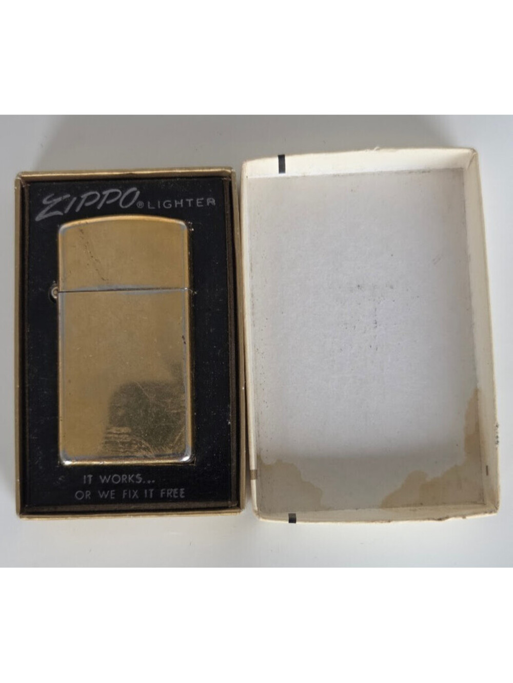 Vintage Zippo Gold Tone Lighter with "It Works" Box Insert USA Made Original